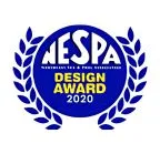 NESPA Design Award 2020 logo featuring a blue circular badge with laurel leaves, recognizing excellence in pool and spa design.