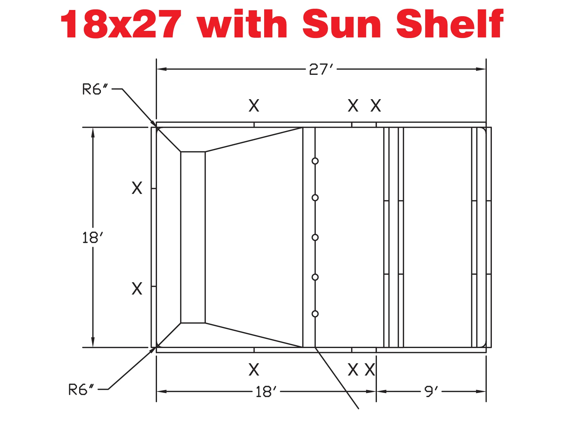Blueprint diagram of a 18x27 structure featuring a sun shelf, with detailed measurements and dimensions indicated, including wall heights and shelf placement.