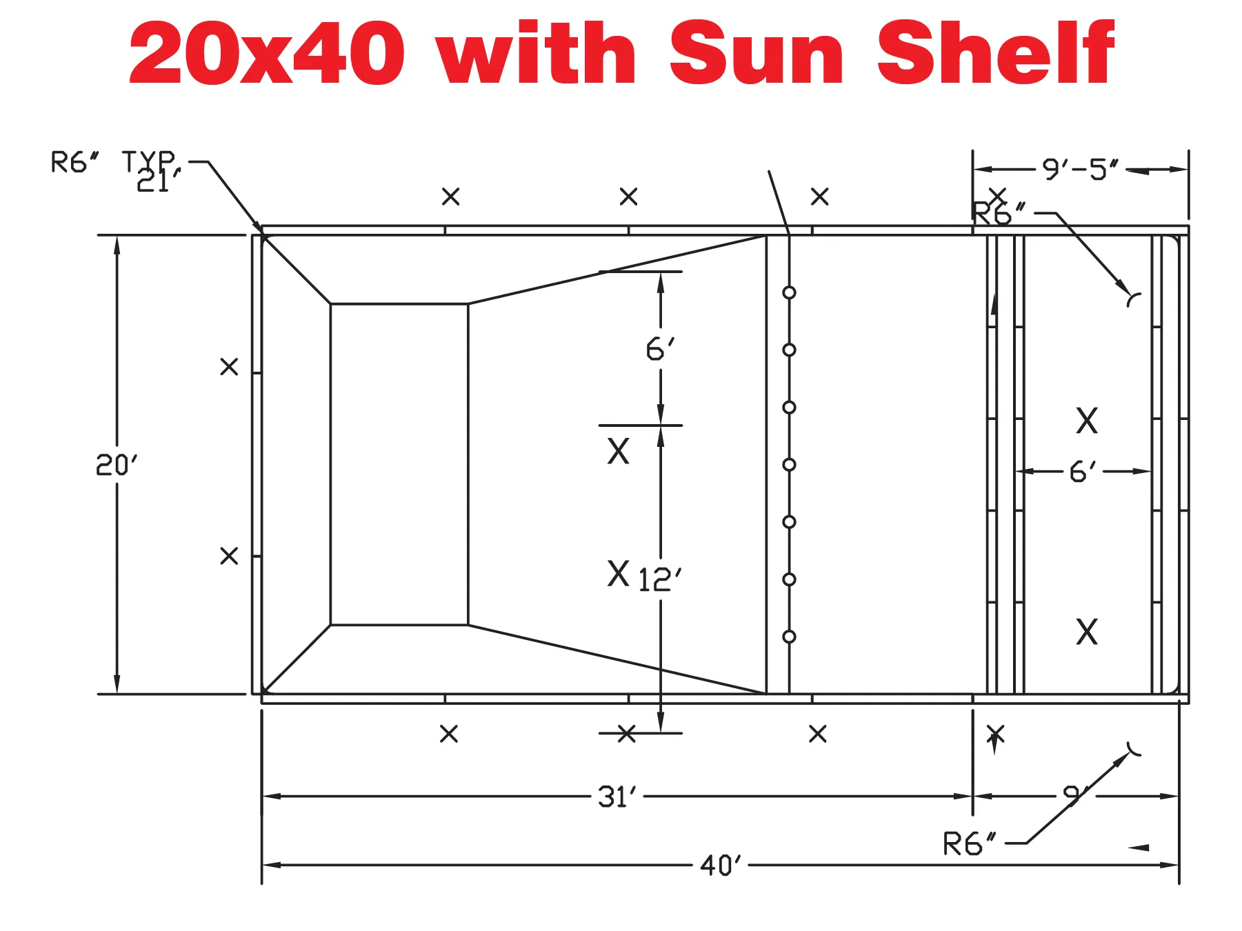Diagram of a 20x40 structure featuring a sun shelf, including detailed dimensions and measurements for construction and design reference.