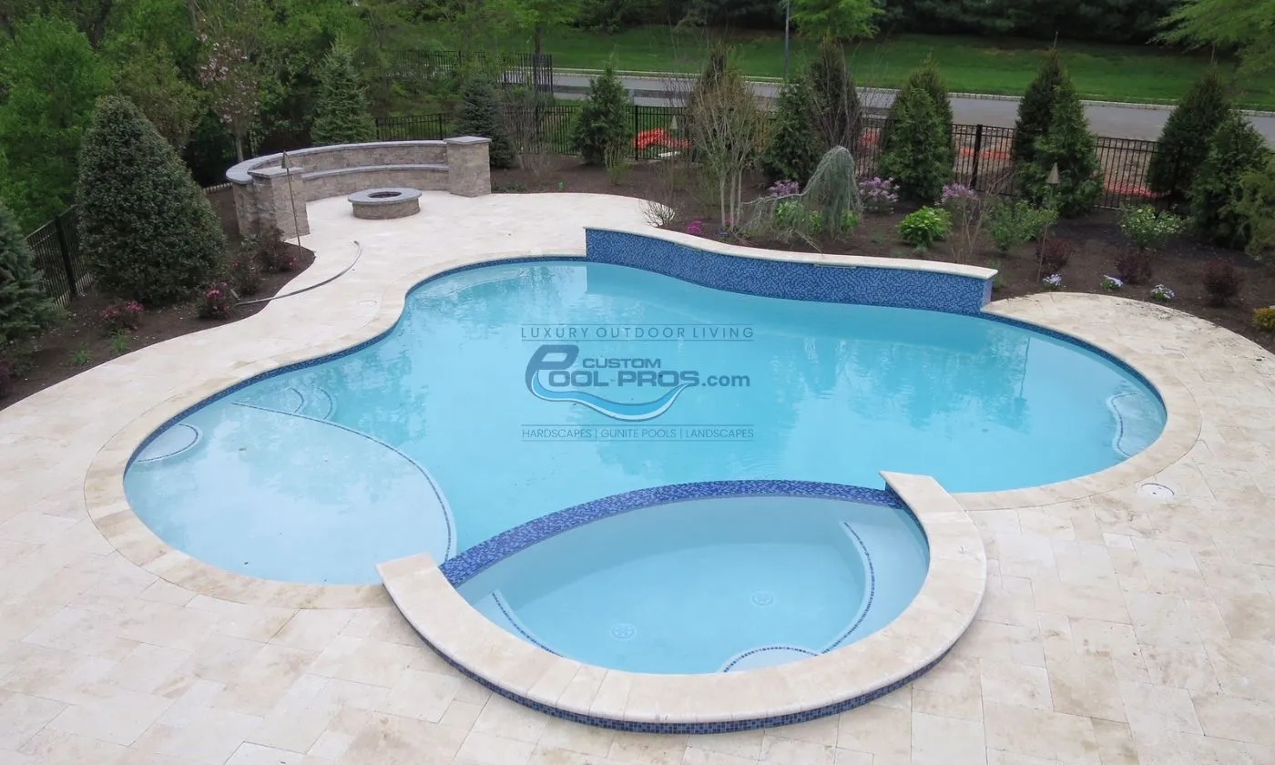 inground pool with spa, fire pit with sitting area installation, inground pool, swimming pool construction nj