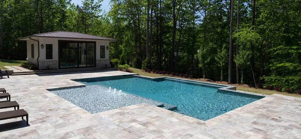 luxury backyard, modern pool designs, travertine pool